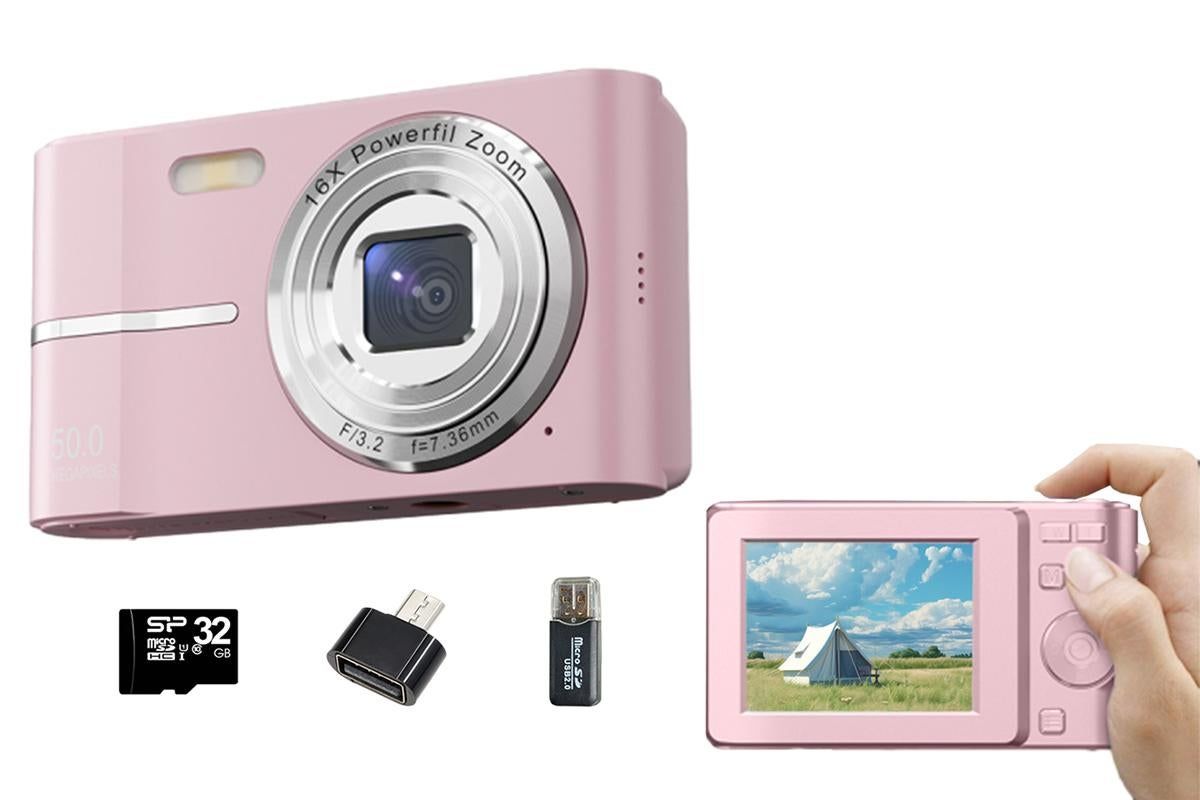 Digital Camera 4K Screen Video Camera With 32GB Memory Card-Pink