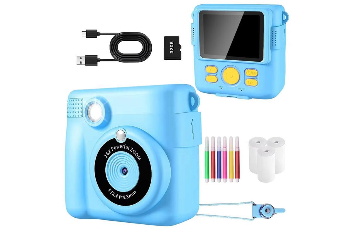 Instant Print Camera for Kids Zero Ink Print Photo Camera with 32G TF Card-Blue
