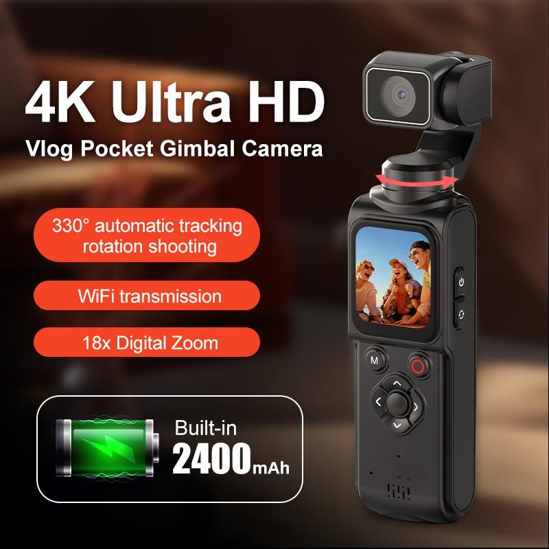 AT-M105 Pocket Gimbal Vlog Camera, 4K HD Handheld Video Camera，black，16GB