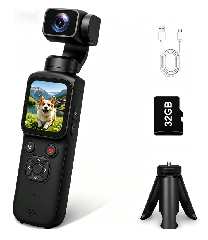 AT-M105 Pocket Gimbal Vlog Camera, 4K HD Handheld Video Camera，black，32GB