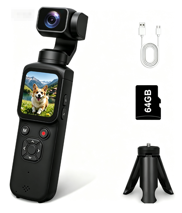 AT-M105 Pocket Gimbal Vlog Camera, 4K HD Handheld Video Camera，black，64GB