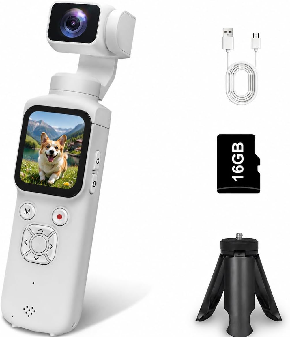 AT-M105 Pocket Gimbal Vlog Camera, 4K HD Handheld Video Camera，white，16GB
