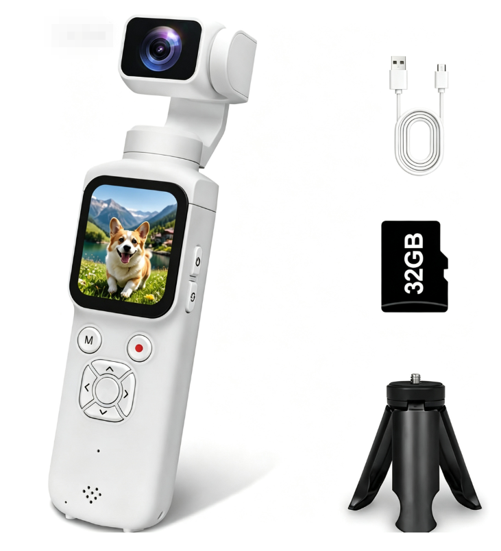 AT-M105 Pocket Gimbal Vlog Camera, 4K HD Handheld Video Camera，white，32GB