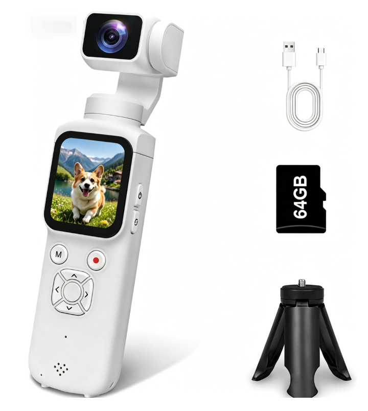AT-M105 Pocket Gimbal Vlog Camera, 4K HD Handheld Video Camera，white，64GB