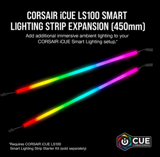 CORSAIR iCUE LS100 Smart Lighting Strip Expansion Kit 2x 450mm Addressable LED Strip, RGB Ext Cable, Adhesive Tape, Cable Clip s