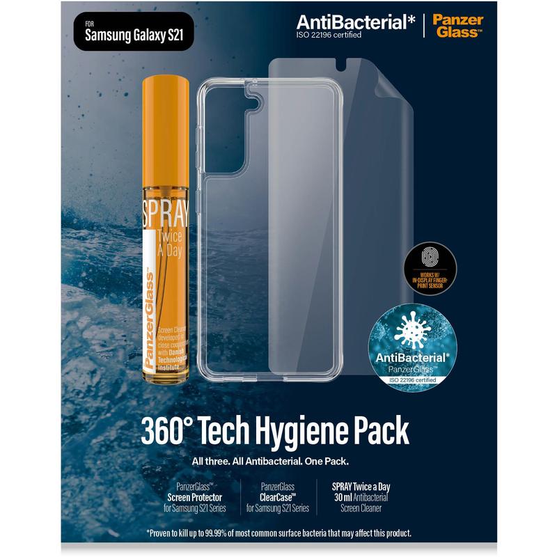 PANZER GLASS Hygiene Pack - Case, Screen Protector & Spray - For Samsung Galaxy S21 - Full Frame Coverage, Rounded Edges, Crystal Clear