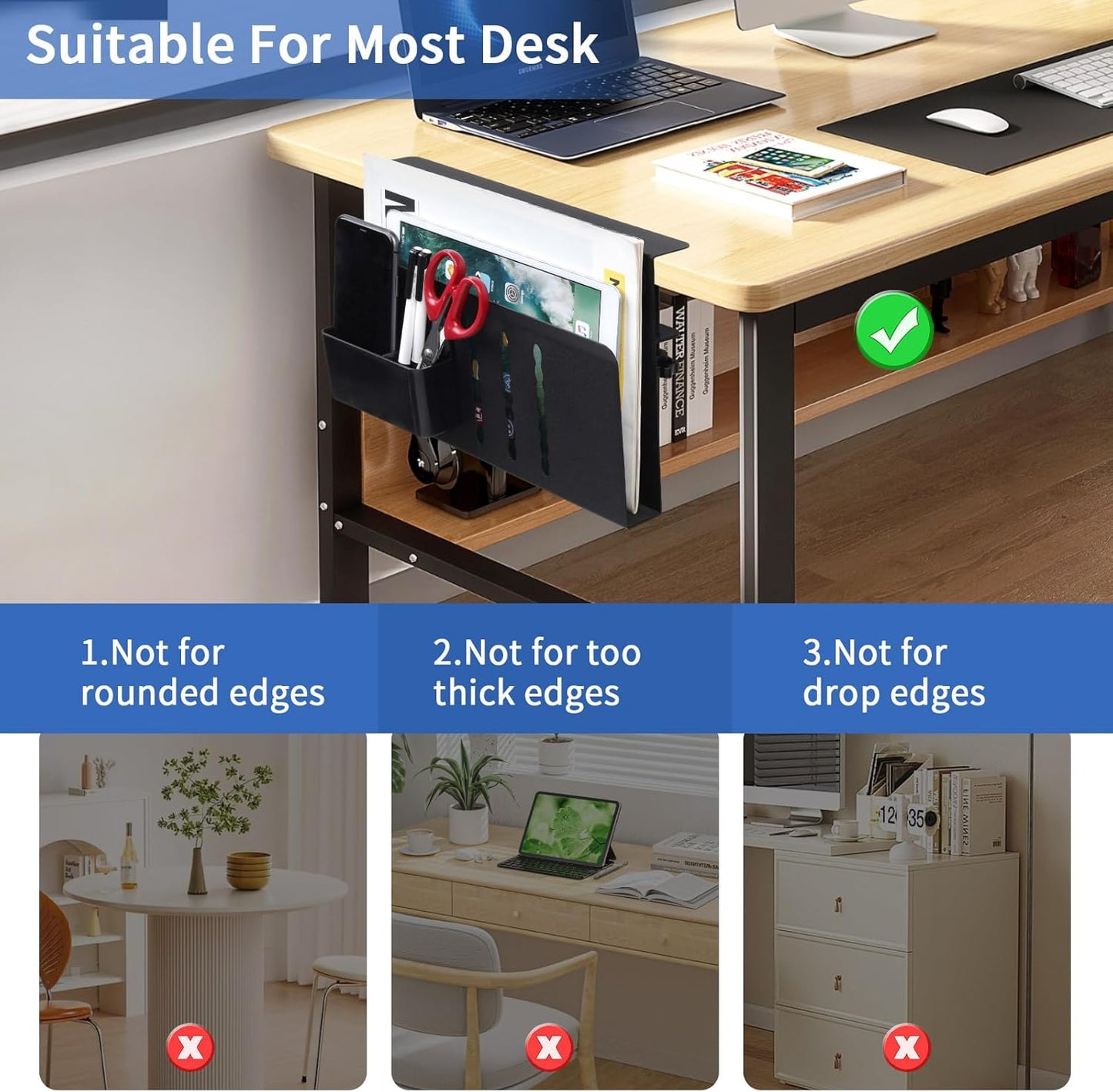 Under Desk Side Laptop Holder Storage with No Drill Cable Management Tray and Pen Storage for Office and Home