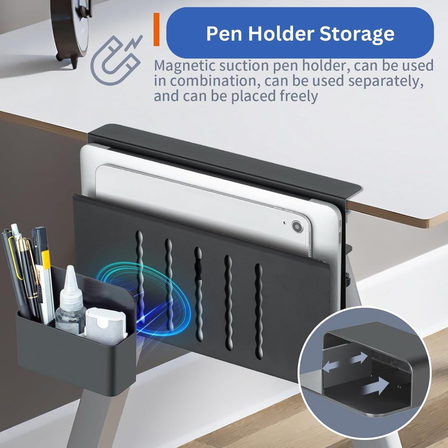 Under Desk Side Laptop Holder Storage with No Drill Cable Management Tray and Pen Storage for Office and Home