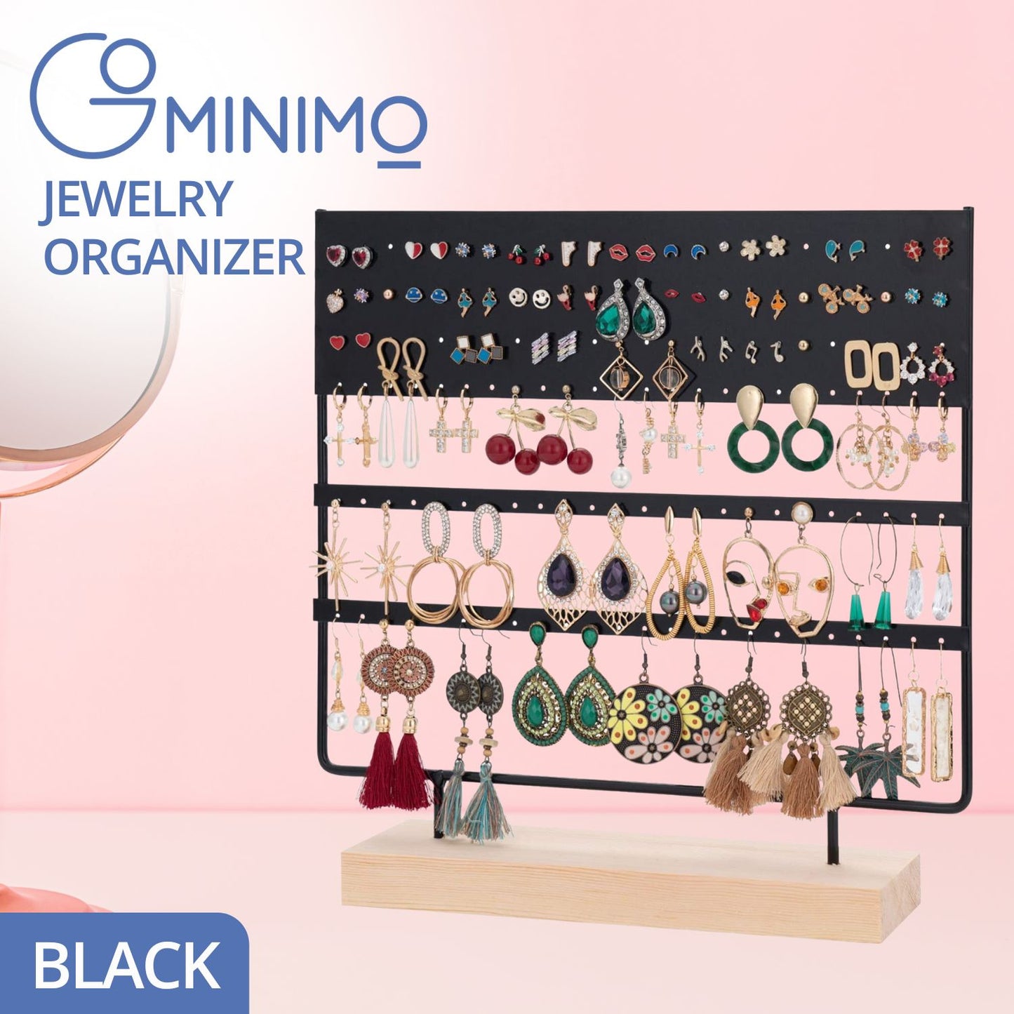 GOMINIMO Jewelry Organizer Stand Earring Display with Wooden Tray (Black)