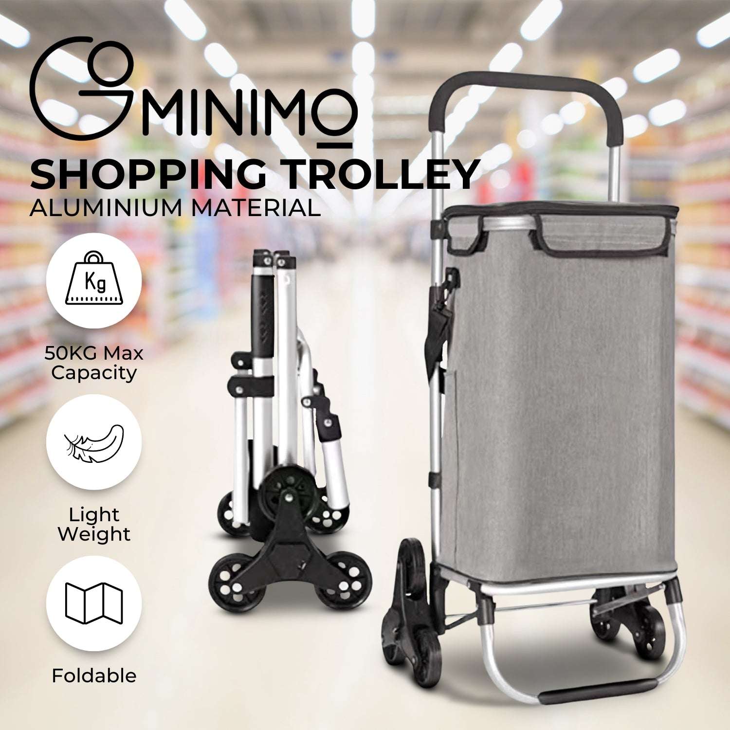 GOMINIMO Foldable Aluminum Shopping Trolley Cart with Tri-Wheel (Grey)