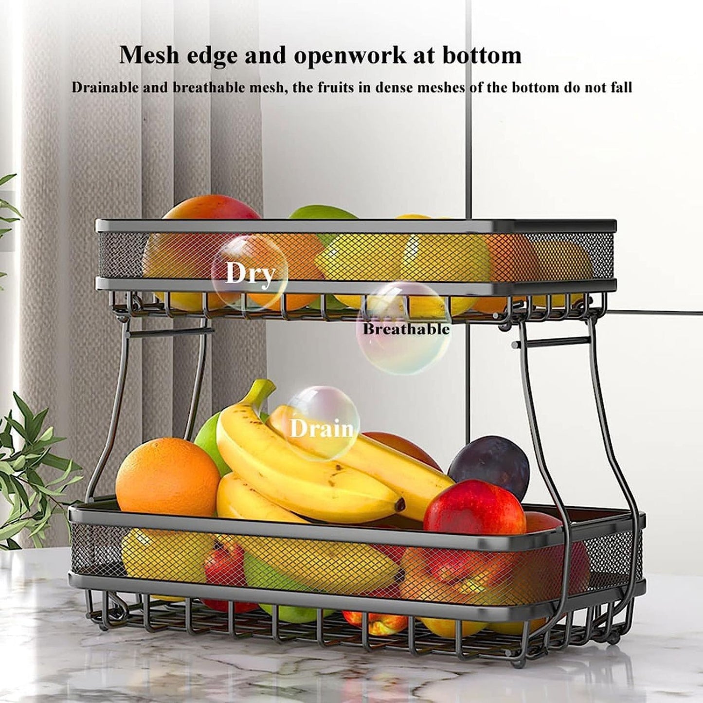 GOMINIMO Detachable 2 Tier Rectangle Wire Countertop Fruit Basket Bowl (Black)