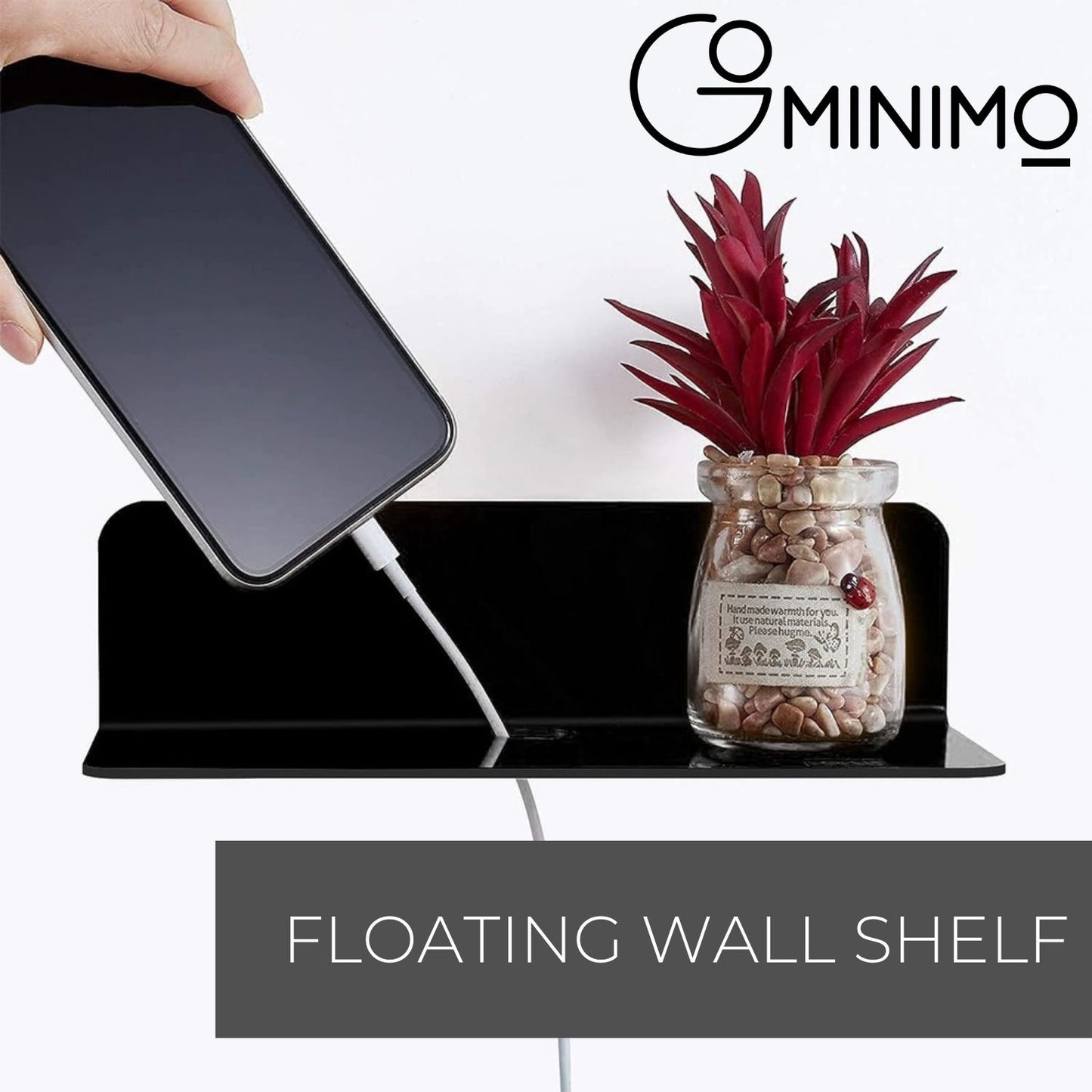 GOMINIMO Acrylic Floating Wall Shelf Set of 4 with Cable Clips (Black)