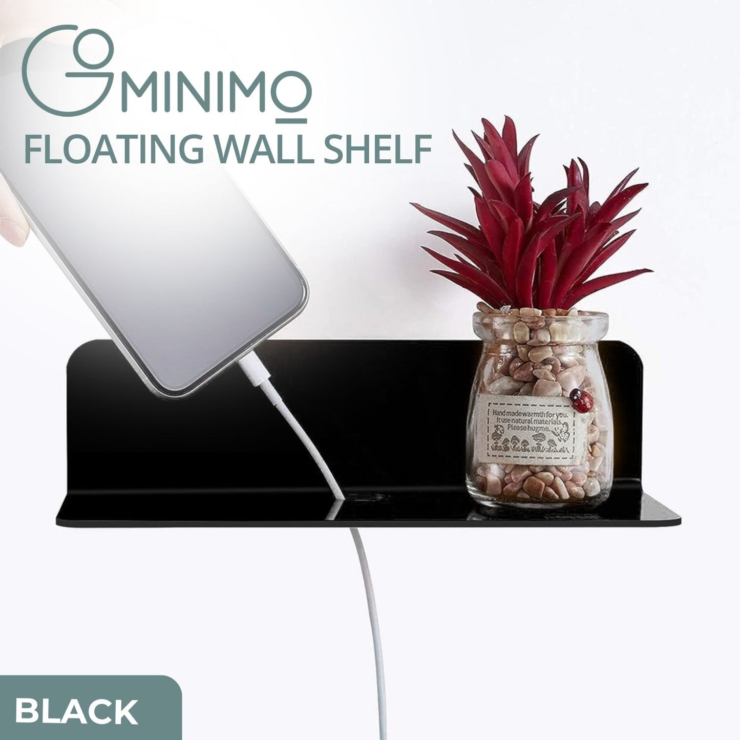 GOMINIMO Acrylic Floating Wall Shelves Set of 2 with Cable Clips (Black)