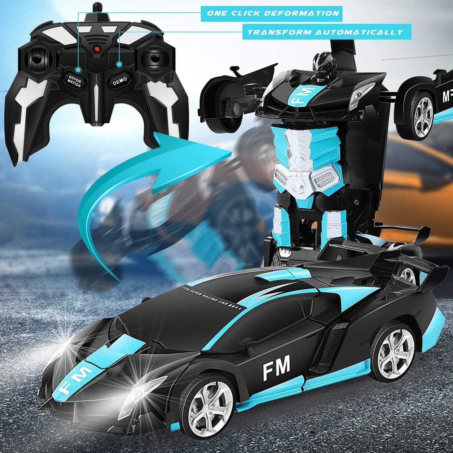 GOMINIMO Transform Car Robot Sport Car with Remote Control (Black Cyan)