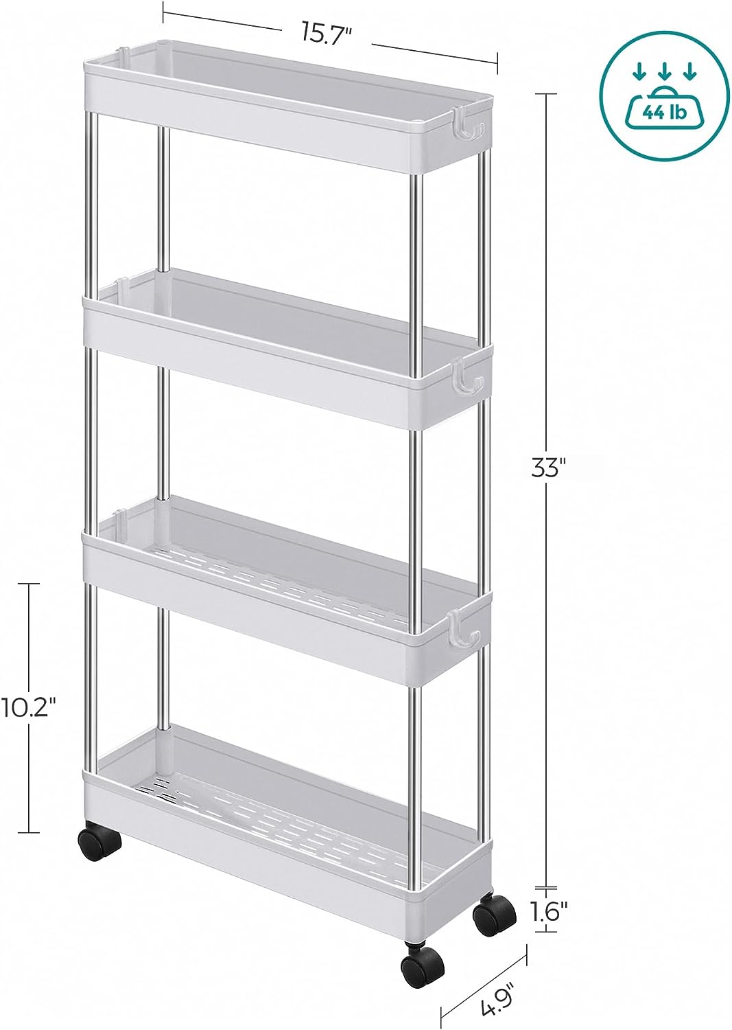 SONGMICS 4-Tier Slide Out Slim Narrow Space Organizer Rolling Storage Cart White