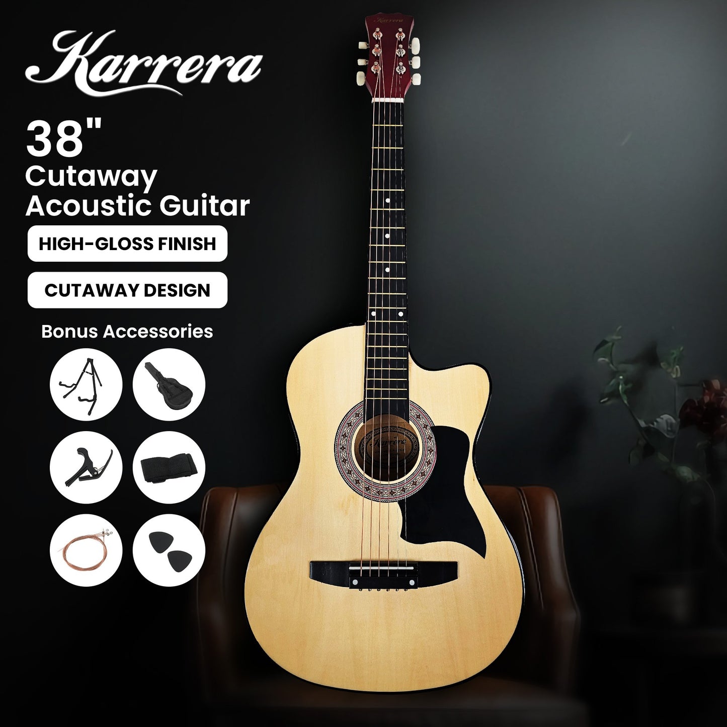 Karrera 38in Pro Cutaway Acoustic Guitar with guitar bag - Natural