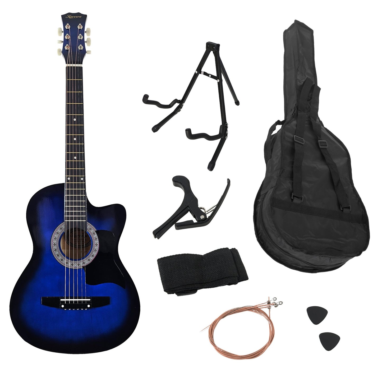 Karrera 38in Pro Cutaway Acoustic Guitar with Bag Strings - Blue Burst