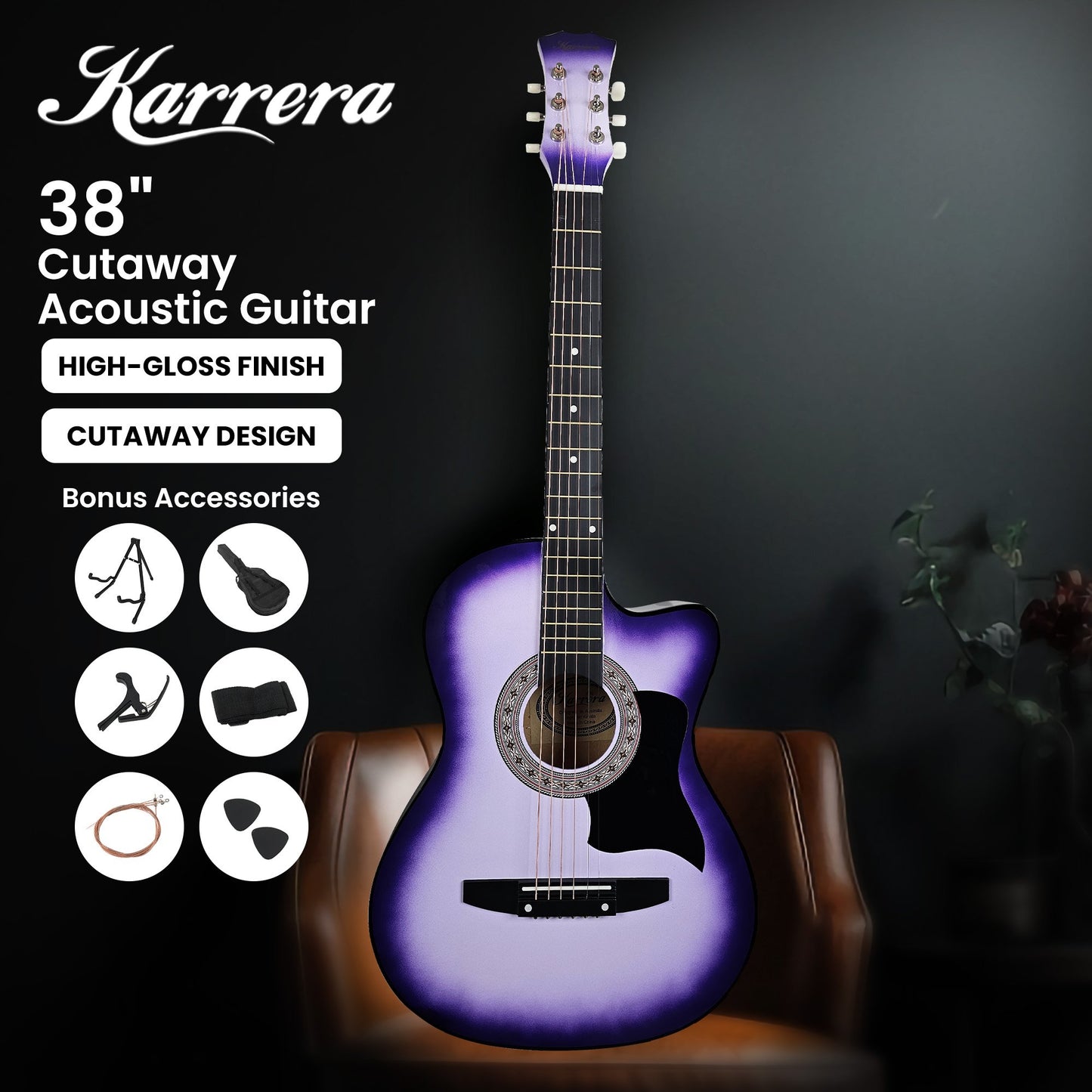 Karrera 38in Pro Cutaway Acoustic Guitar with guitar bag - Purple Burst