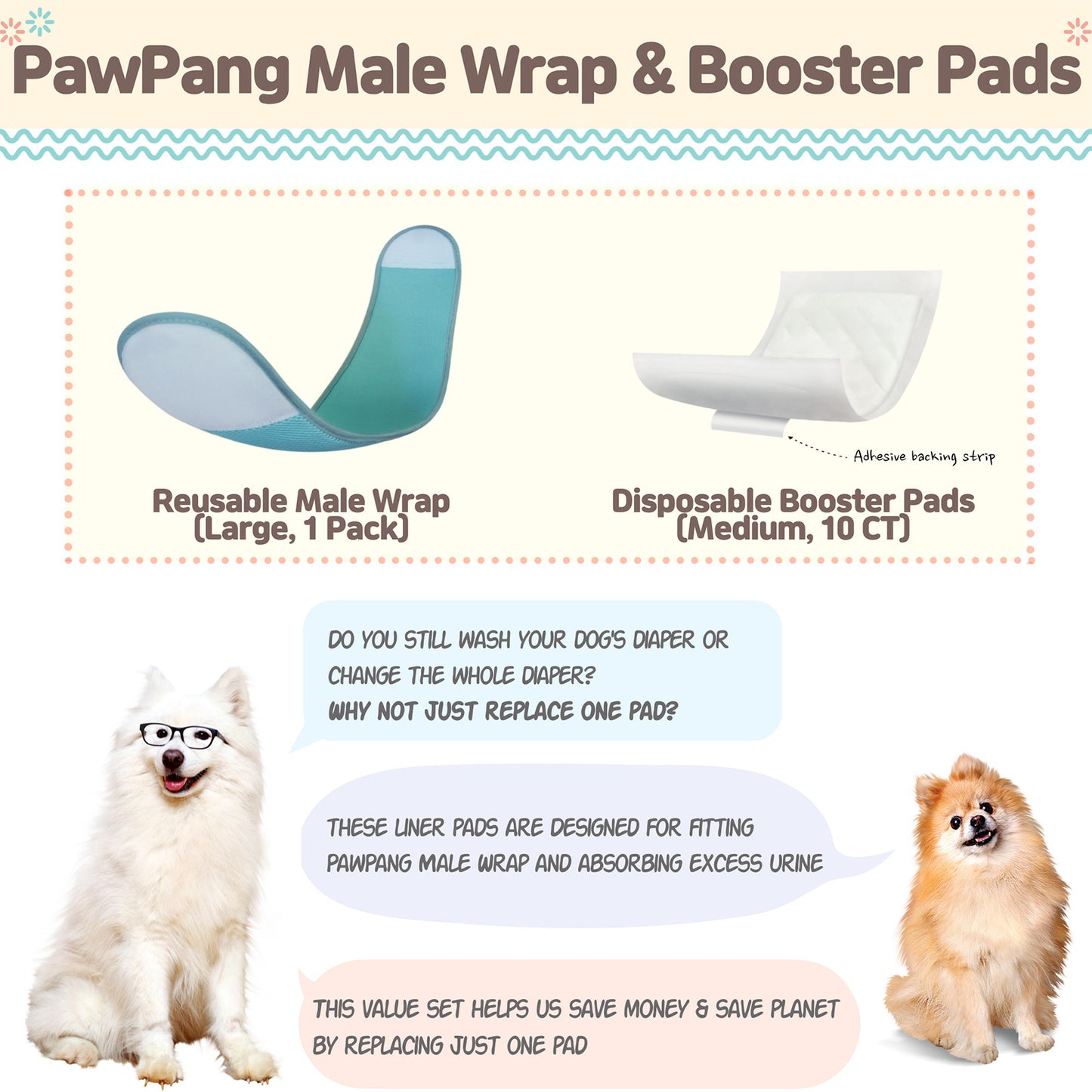 Dog Wrap Resuable Male L + 10X Diaper Booster Pads Disposable M