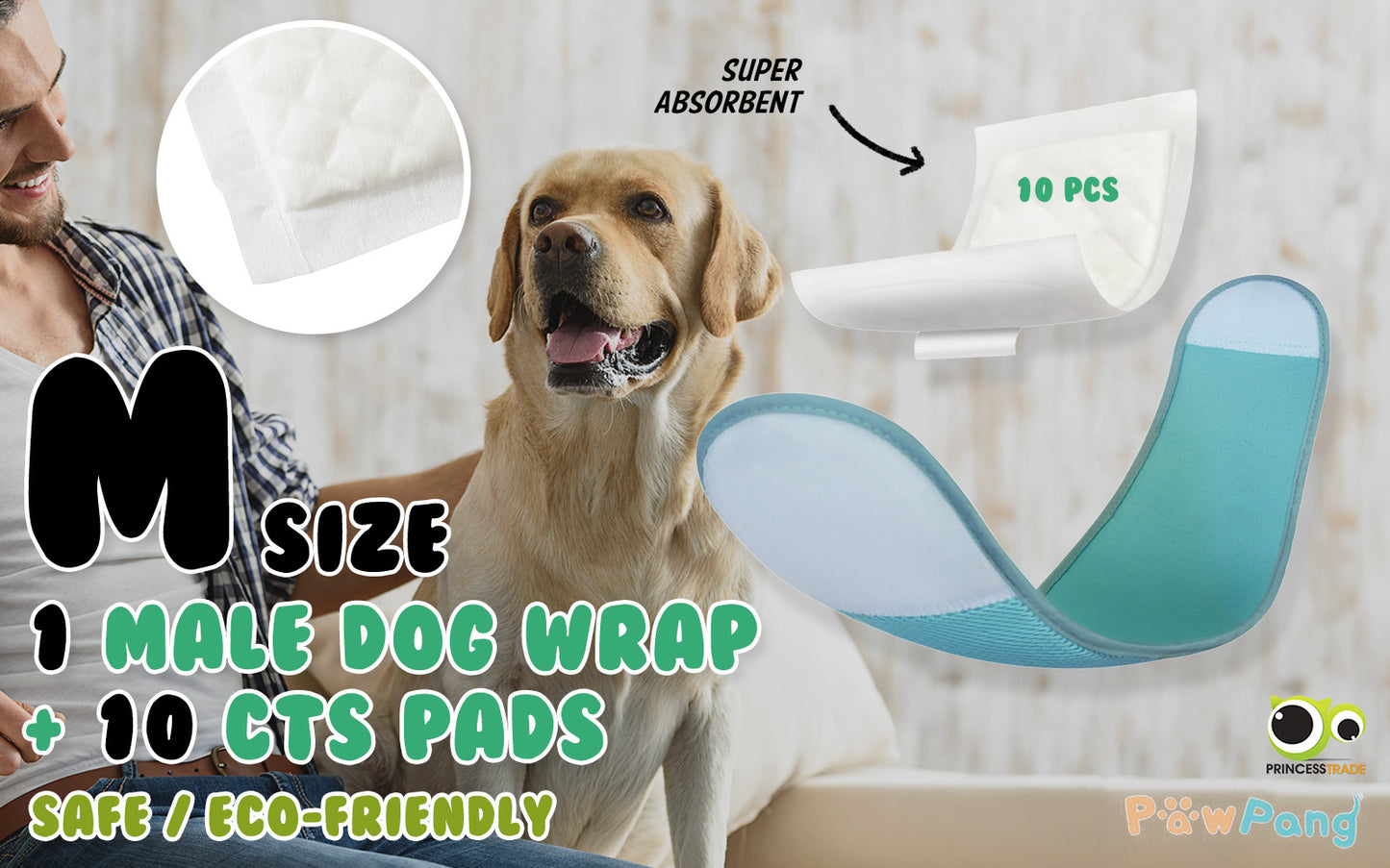 Dog Wrap Resuable Male M + 10X Diaper Booster Pads Disposable M