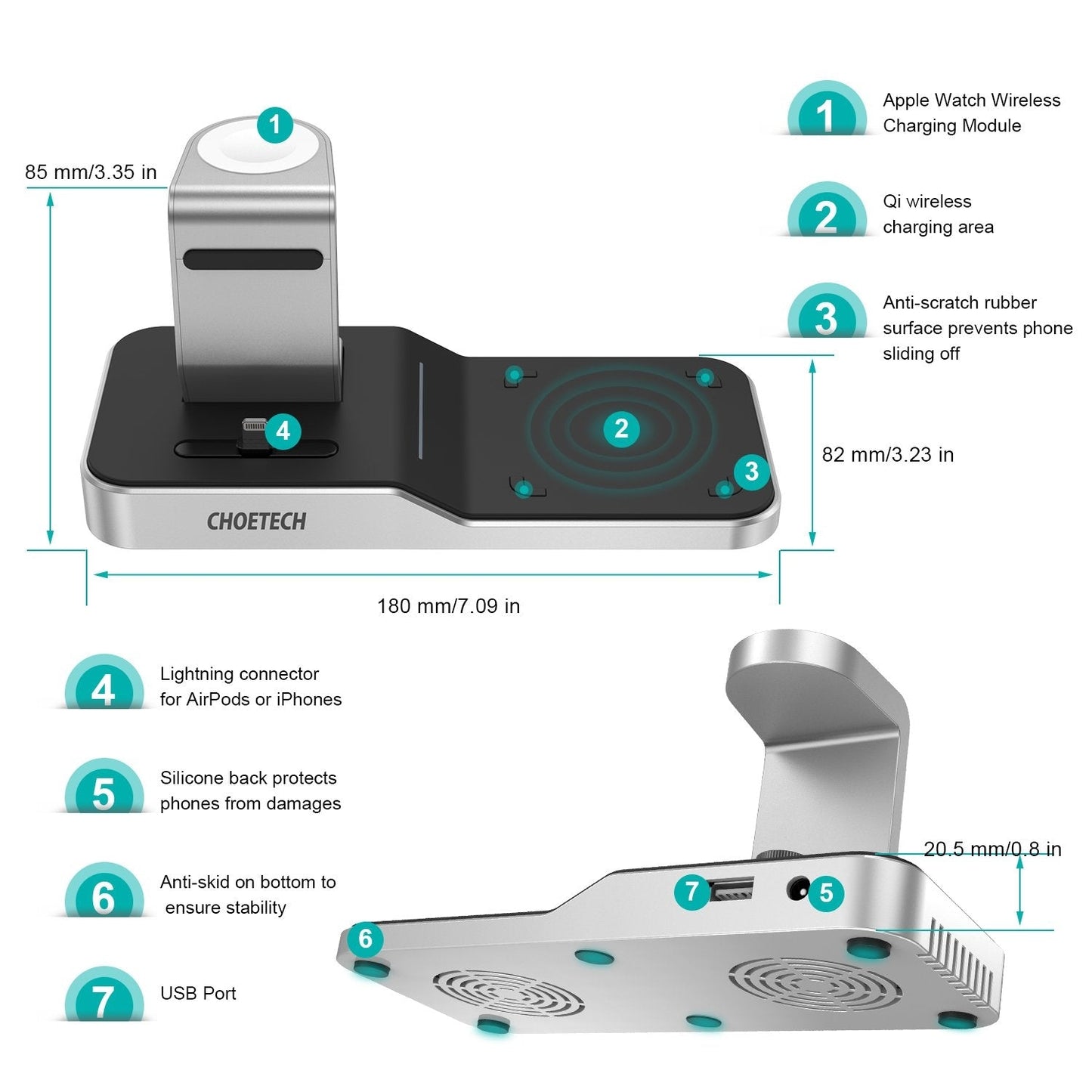 CHOETECH T316 4-in-1 Wireless Charging Station for iPhone/Apple Watch/iPod and all Qi Wireless Cell phones