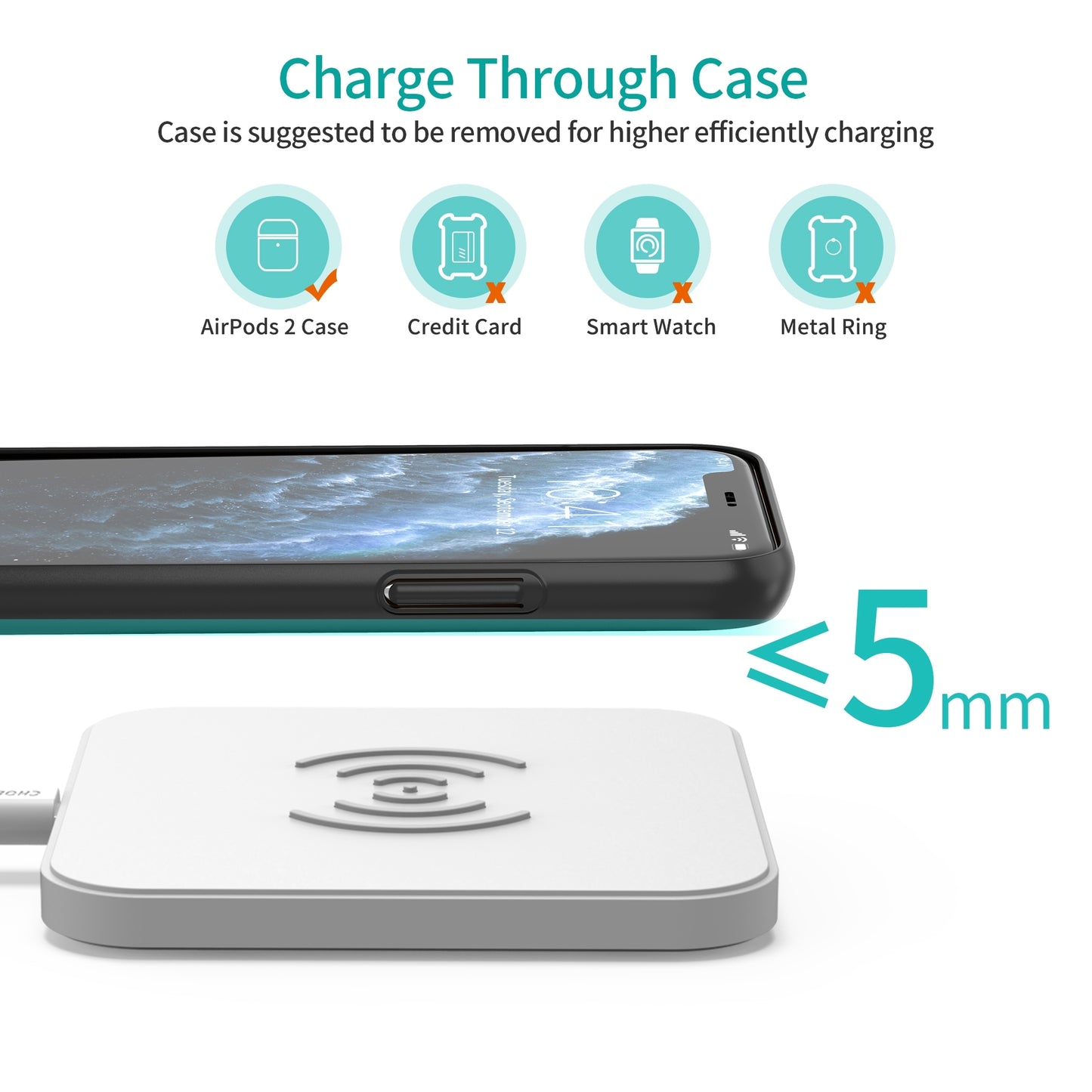 CHOETECH T511-S Qi Certified 10W/7.5W Fast Wireless Charger Pad (White)