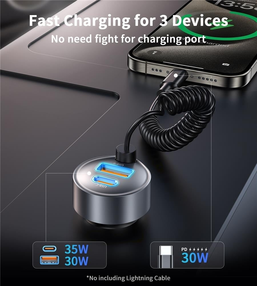 CHOETECH TC0030 65W 3-Port Fast Car Charger with 3.3ft Type-C Stretchable Cable