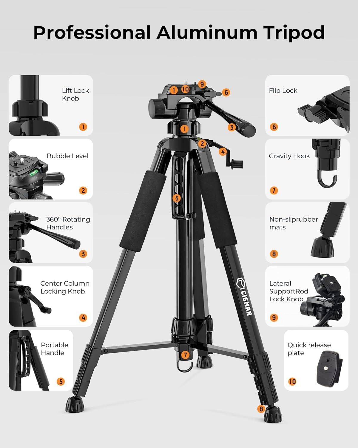 CIGMAN 59-inch Lightweight Adjustable Laser Level Tripod with 3-Way Swivel Pan Head, Bubble Level, Phone Holder, Quick Release Plate with 1/4" Screw Mount & 5/8" UNF Adapter Nut, Camera & Phone Tripod