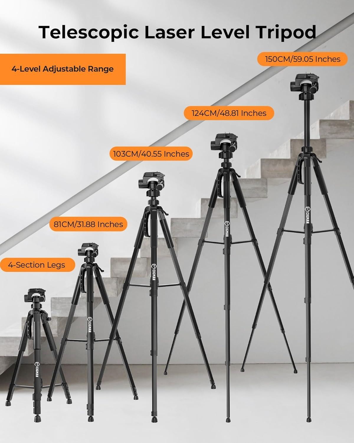 CIGMAN 59-inch Lightweight Adjustable Laser Level Tripod with 3-Way Swivel Pan Head, Bubble Level, Phone Holder, Quick Release Plate with 1/4" Screw Mount & 5/8" UNF Adapter Nut, Camera & Phone Tripod