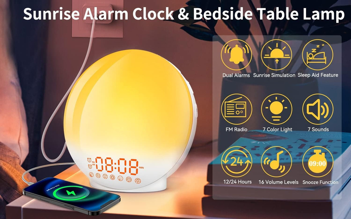 Sunrise Alarm Clock Wake Up Light 7 Sounds, Dual Alarms, Snooze, FM Radio