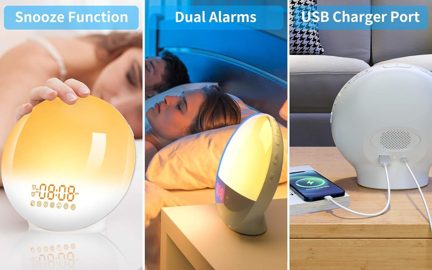 Sunrise Alarm Clock Wake Up Light 7 Sounds, Dual Alarms, Snooze, FM Radio