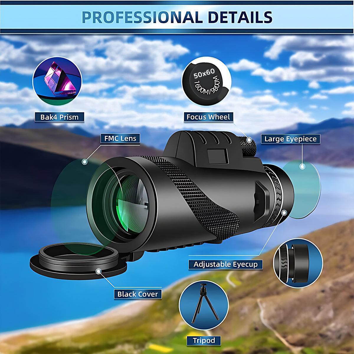 50x60 HD Monocular Telescope with Tripod and Phone Holder for Outdoor Travel