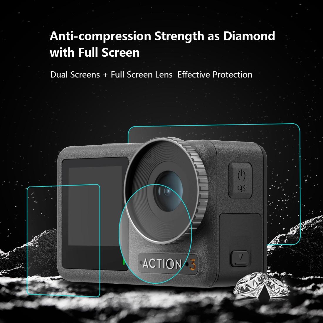 Tempered Glass Film Set For Dji Action 3 - 3-In-1 Protection For Front And Back Screens And Lenses