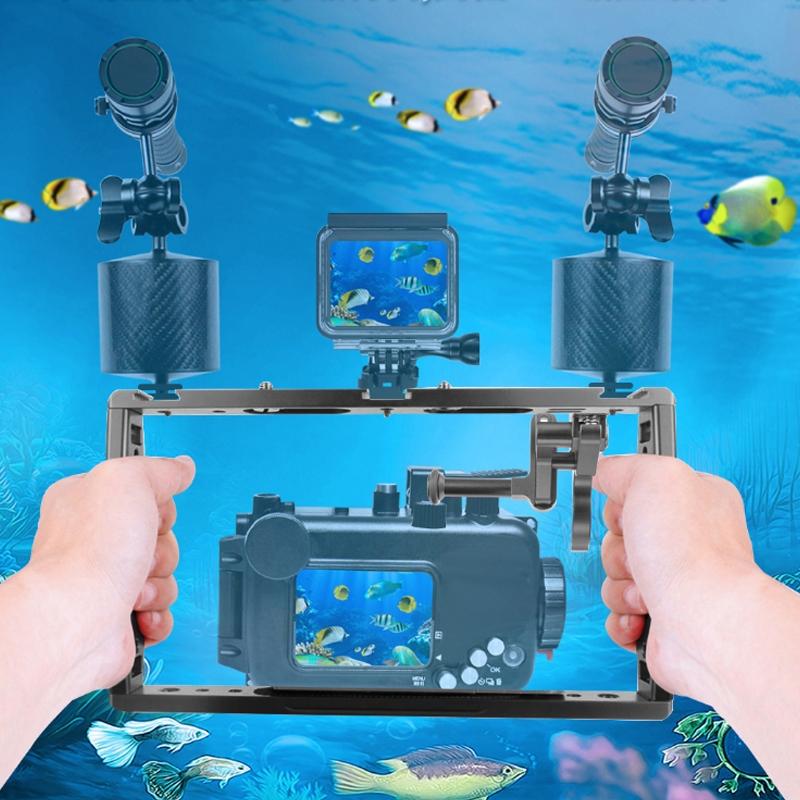 Diving Dual Handheld Grip Bracket Stabilizer Extension Phone Clamp Camera Rig Cage Underwater Case For Gopro Hero9 /8 /7 - Red