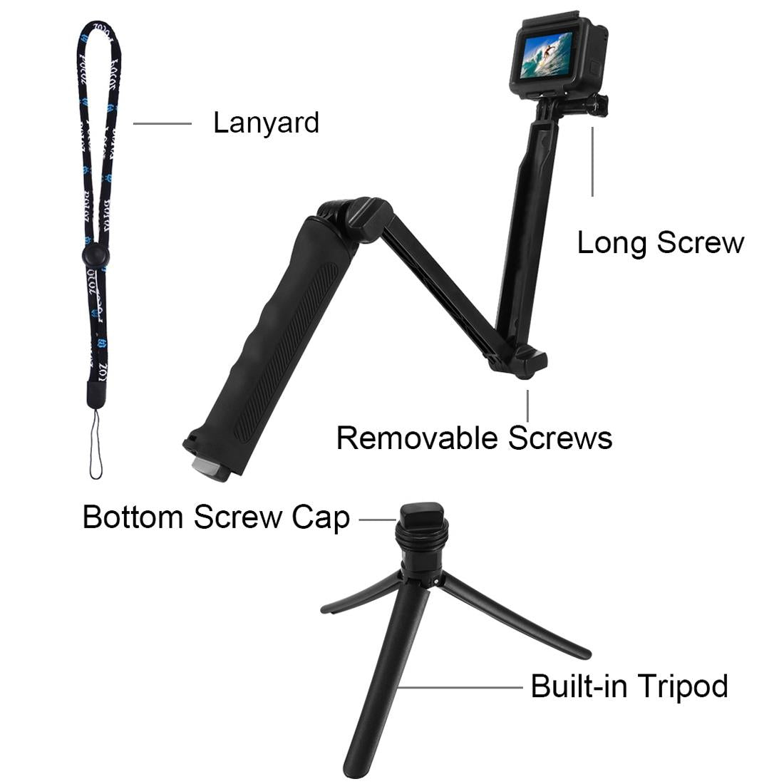 Foldable 3-Way Tripod Selfie Stick For Action Cameras - 20-58Cm Length