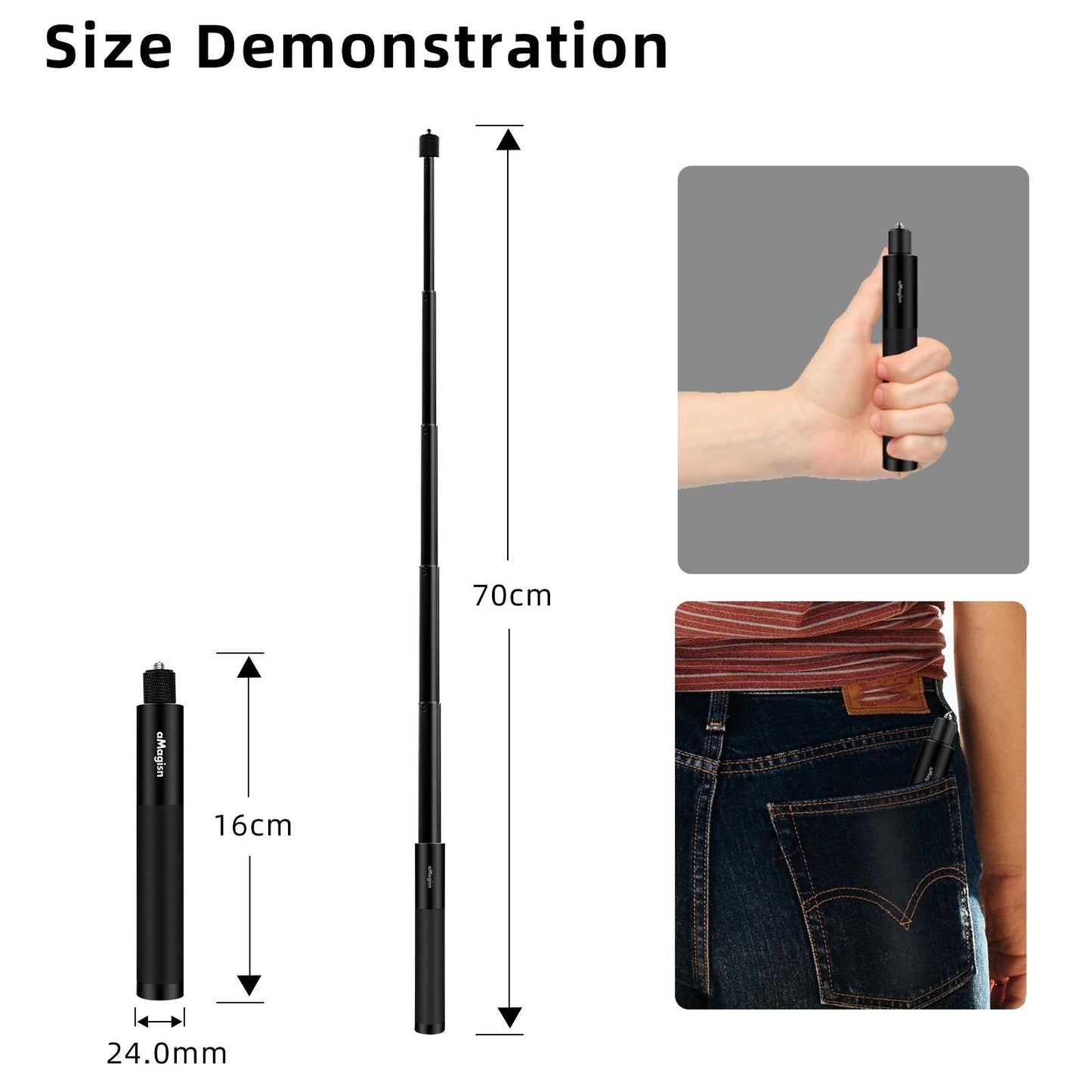 70Cm Straight Pull Selfie Stick For Sports Cameras With 3 Jaw Screw