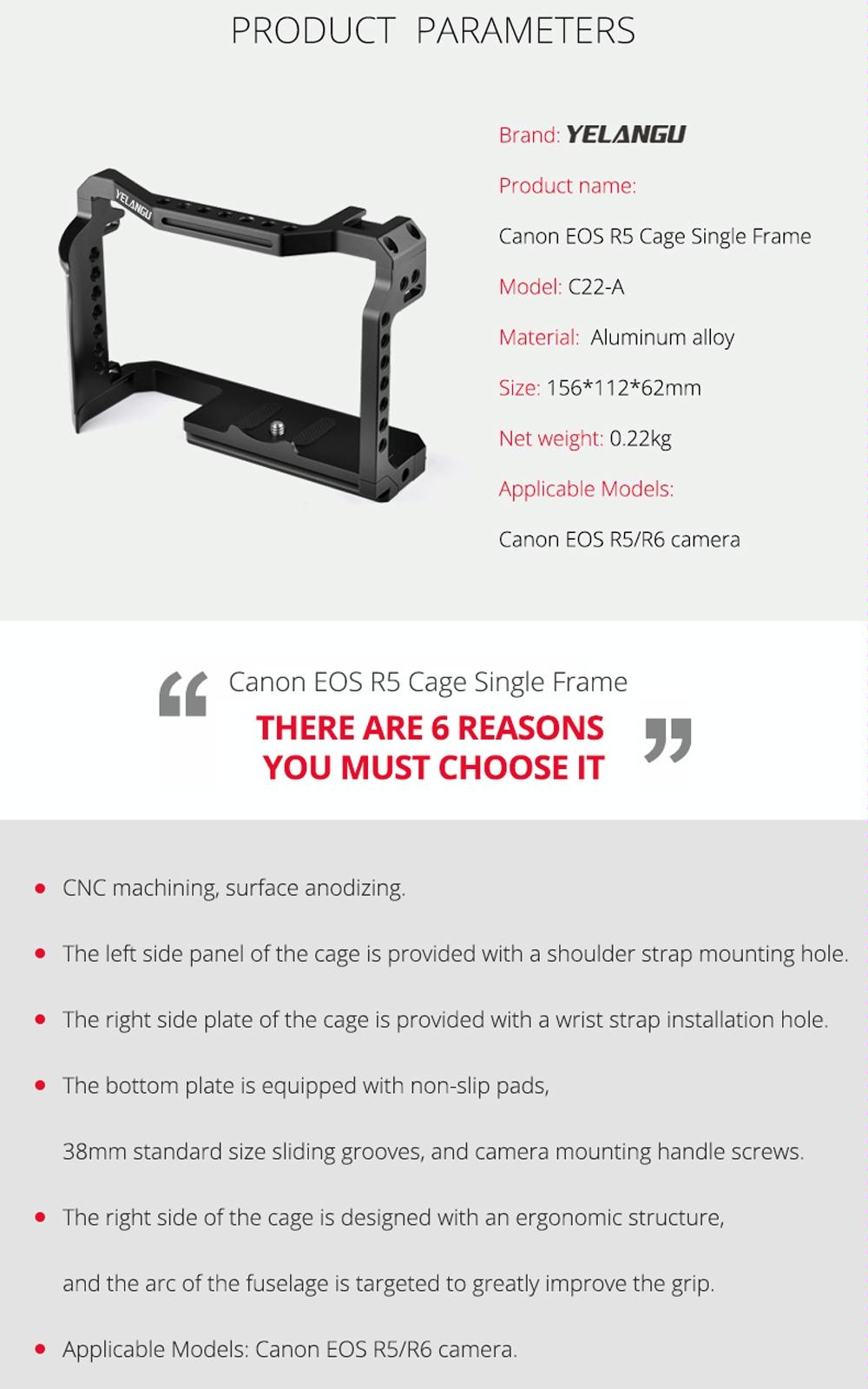 Video Camera Cage Stabilizer For Canon Eos R5 / R6 / R - Black