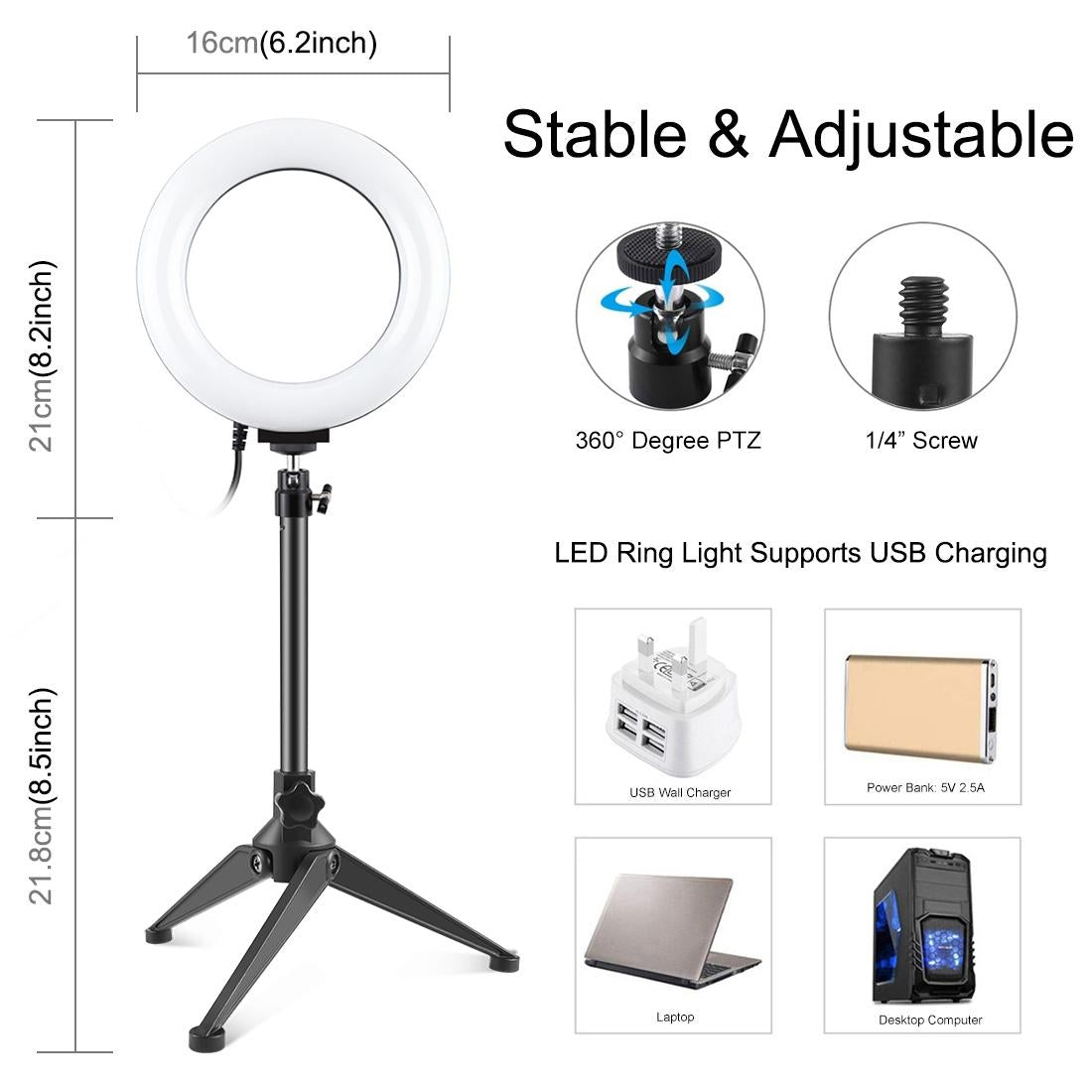 6.2 Usb Led Ring Light With 10 Modes & Desktop Tripod Mount - Black