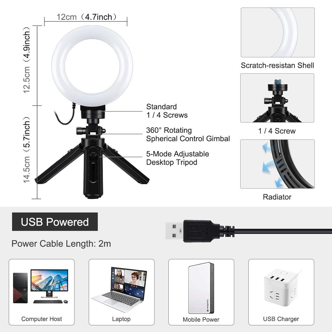 Usb 3 Modes Dimmable Led Ring Light & Pocket Tripod Kit With Cold Shoe Ball Head - 4.7 Inch Diameter