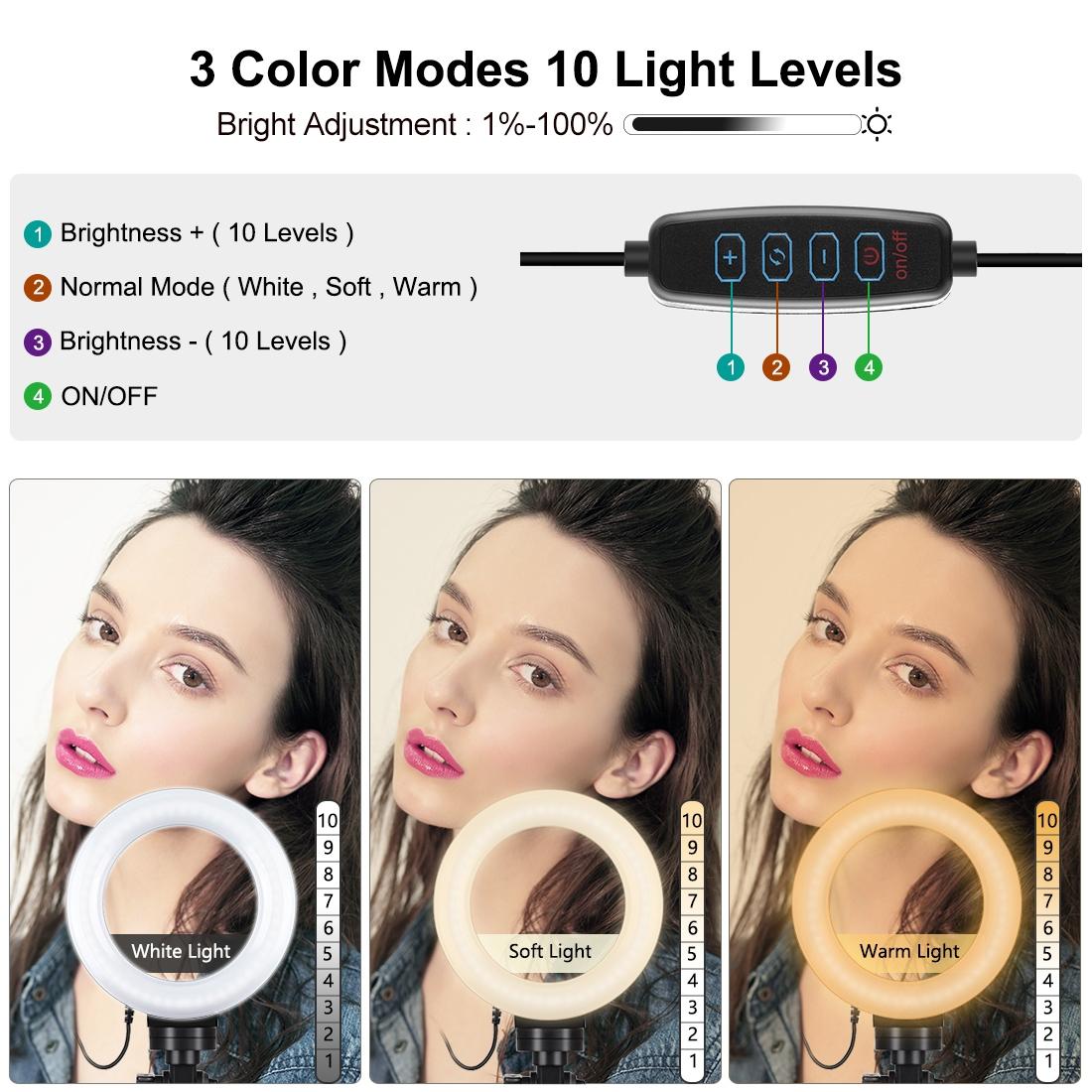 Usb 3 Modes Dimmable Led Ring Light & Pocket Tripod Kit With Cold Shoe Ball Head - 4.7 Inch Diameter