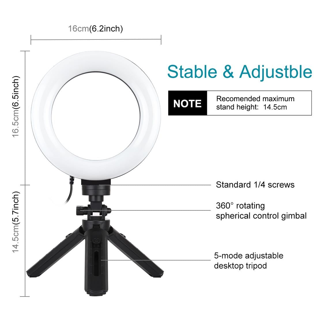 6.2 Led Ring Light With Usb 3 Modes Dimmable Vlogging Photography Video Pocket Tripod Mount Cold Shoe Ball Head Black