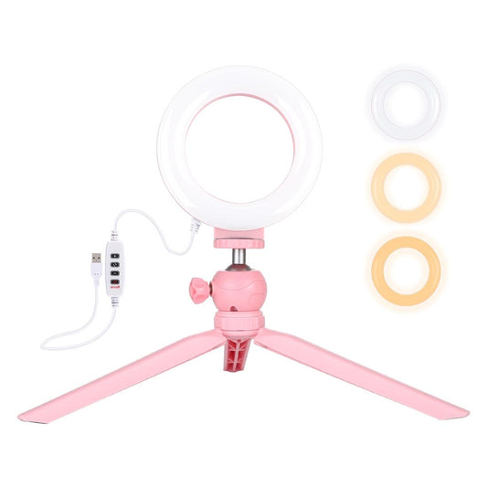 12Cm Led Ring Light With Usb 3 Modes Dimmable Cold Shoe Tripod Ball Head - Pink