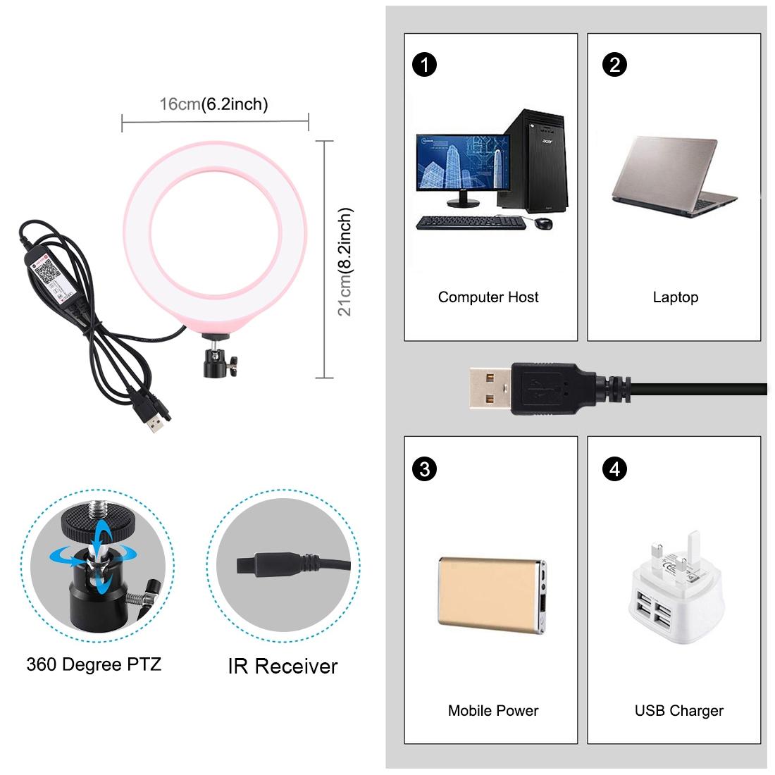 Dimmable 6.2 Usb Rgbw Led Ring Light With Cold Shoe Tripod & Remote