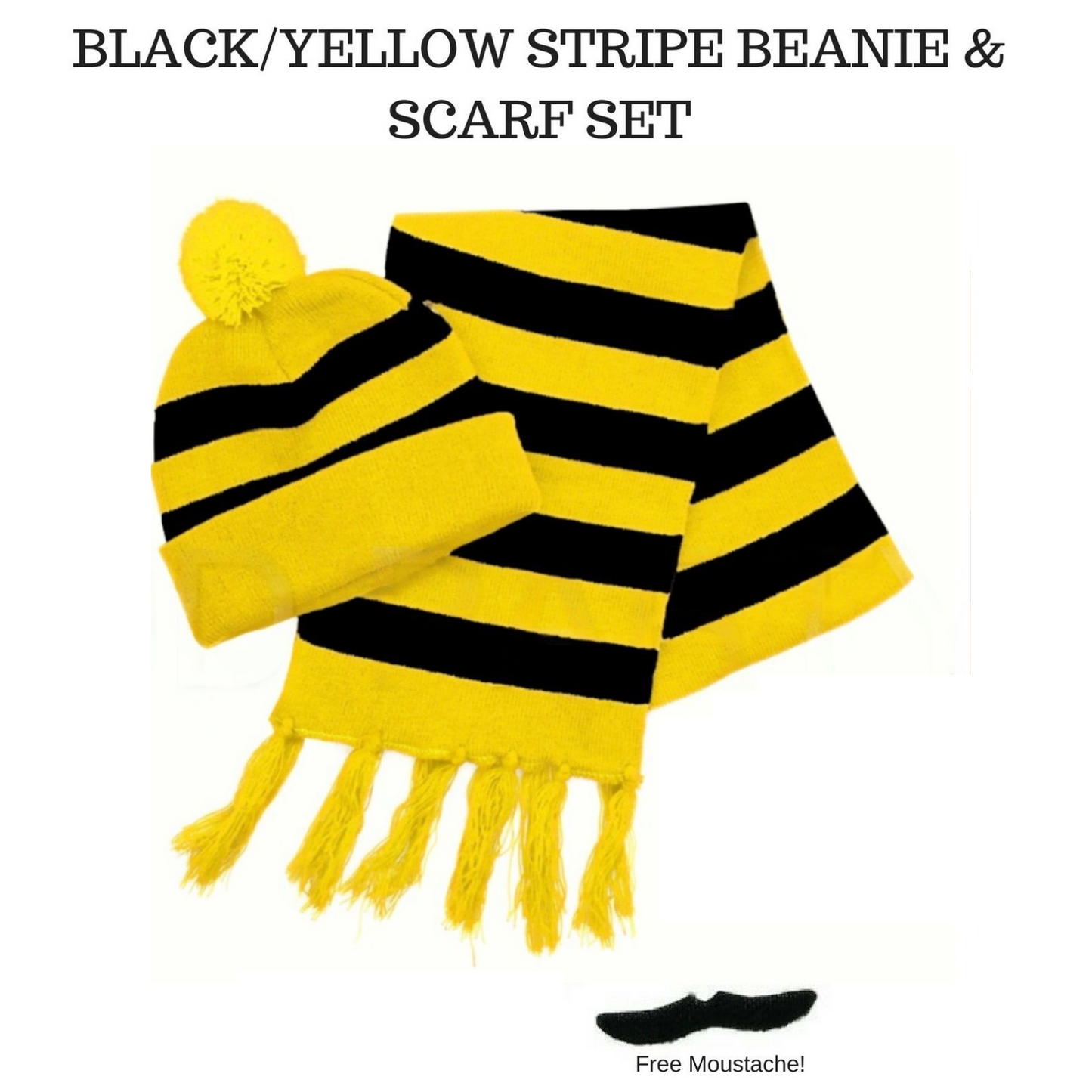 Tigers Beanie Hat & Scarf Set Party Costume w Moustache Warm Winter - Black/Yellow Stripe