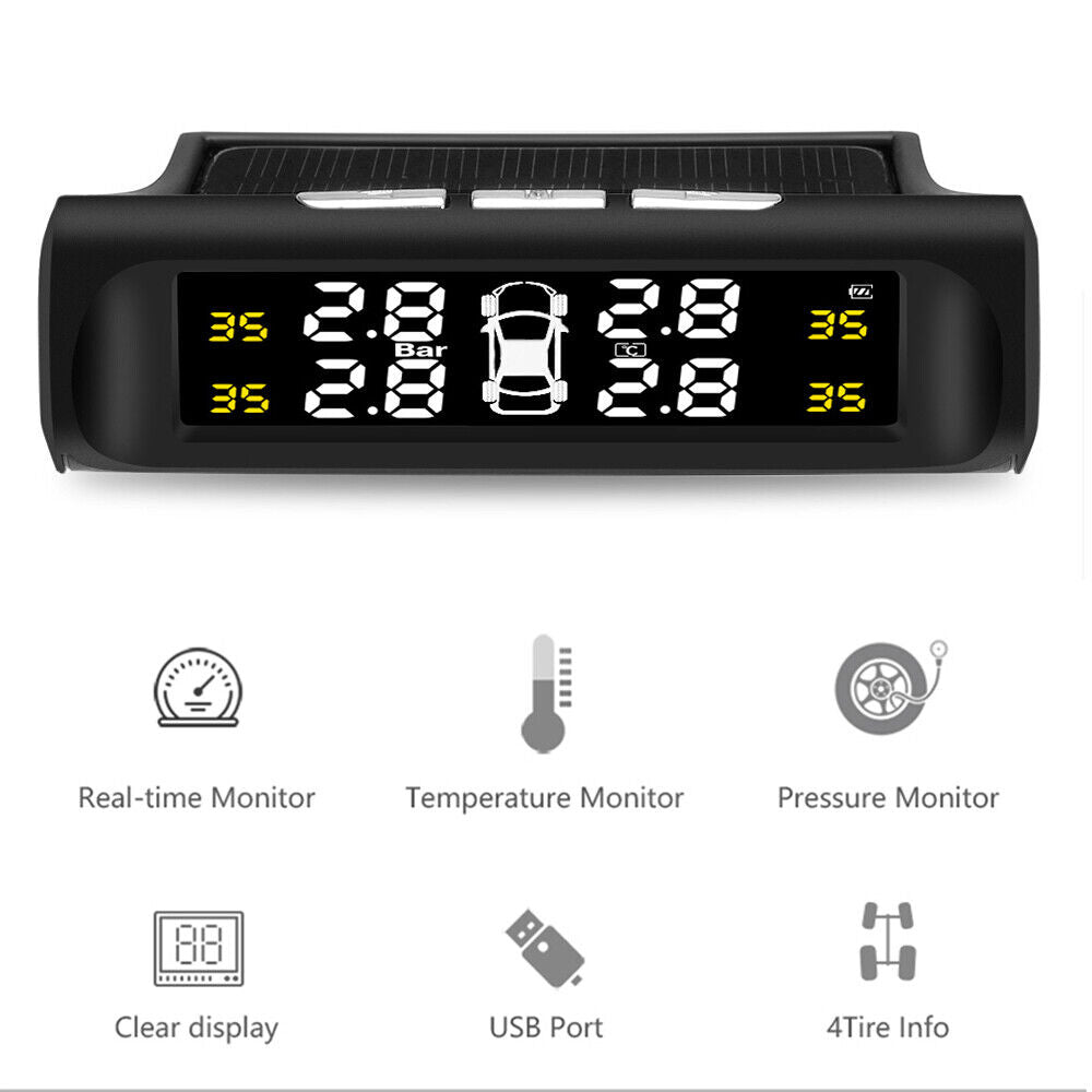 Solar Wireless TPMS Car Tire Tyre Pressure Monitor Monitoring System 4 Sensors