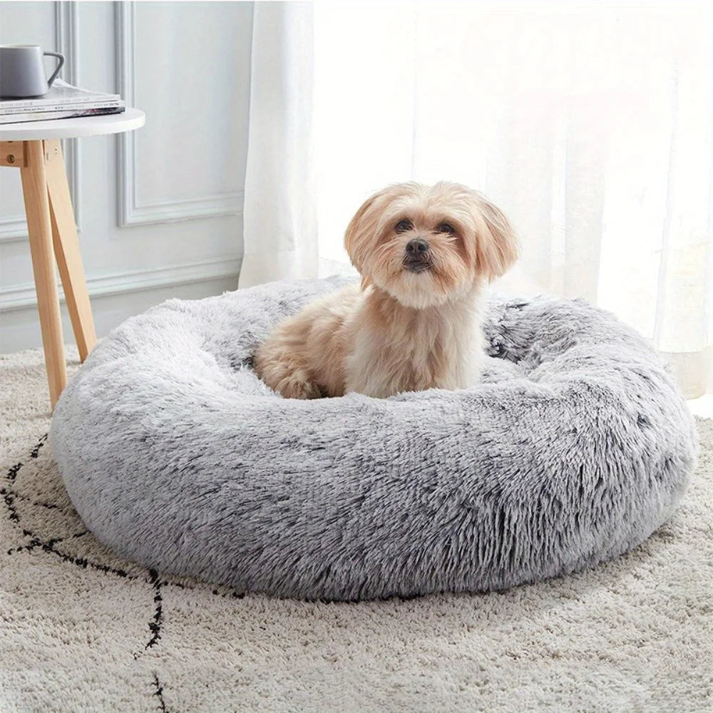 Medium-50cm peach PawfectFriend Dog Pet Cat Calming Bed Plush Beds Large Fluffy Donut Comfy Cushion Puppy Mat