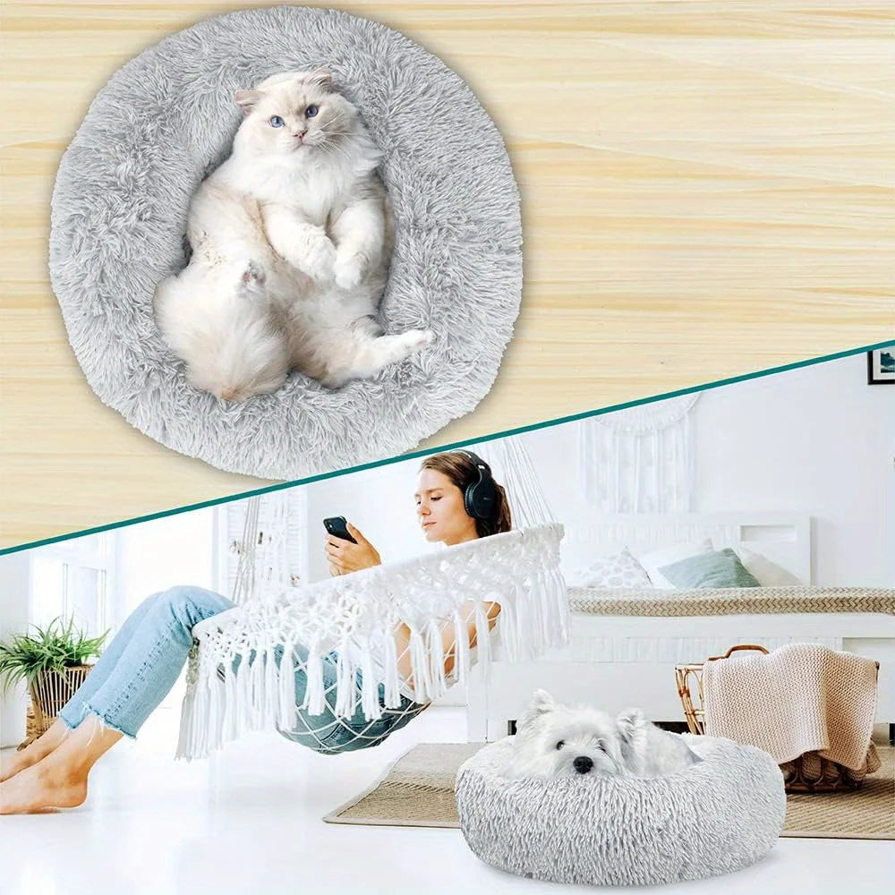 Medium-50cm light-grey PawfectFriend Dog Pet Cat Calming Bed Plush Beds Large Fluffy Donut Comfy Cushion Puppy Mat