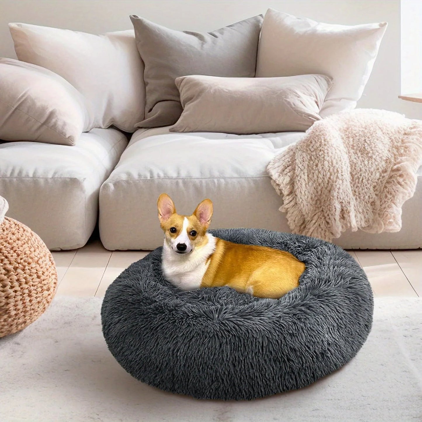 Large-60cm light-grey PawfectFriend Dog Pet Cat Calming Bed Plush Beds Large Fluffy Donut Comfy Cushion Puppy Mat