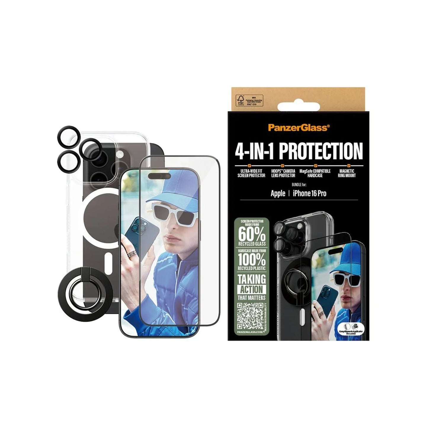 PanzerGlass 4-in-1 Protection Bundle(Screen|Lens|Case|Ring) for iPhone 16 Pro - Clear