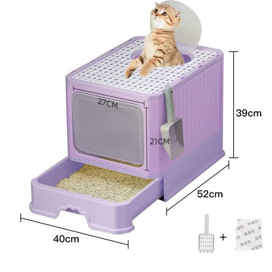 Top-Entry Cat Litter Box with Drawer-Enclosed Design, Easy Clean, Odor Control, Anti-Tracking Lid Purple